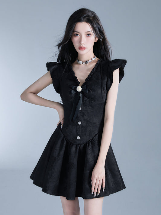 White Rose Motif Ruffle Dress Black