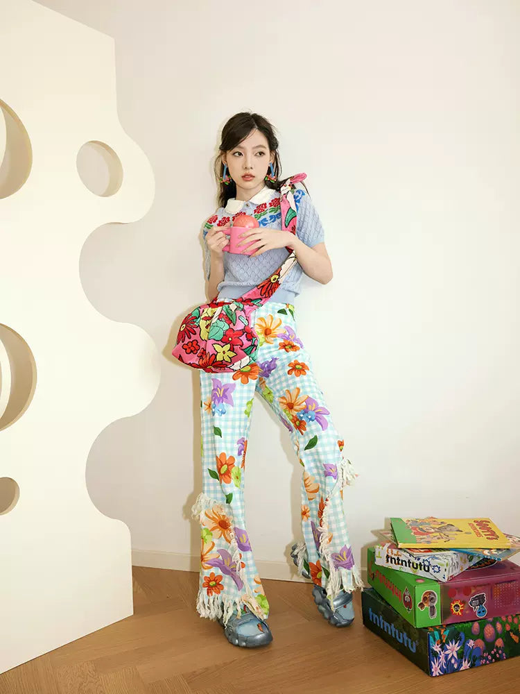 Plaid flower casual pants