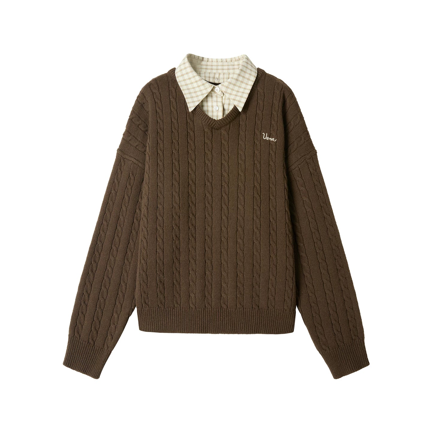 Brown Plaid Wool Knit Sweater Set-Up