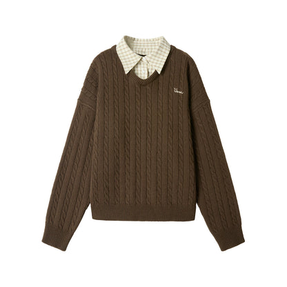 Brown Plaid Wool Knit Sweater Set-Up