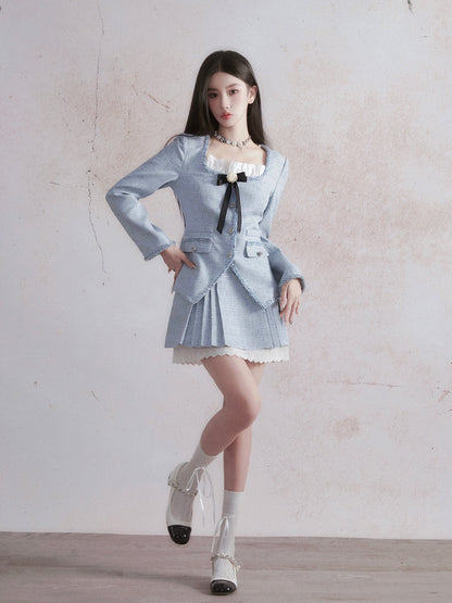 White Rose Square Neck Jacket Ruffled Pleated Skirt