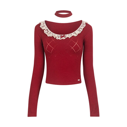 Girly Sweet Cool Lace Collar Knitted Top