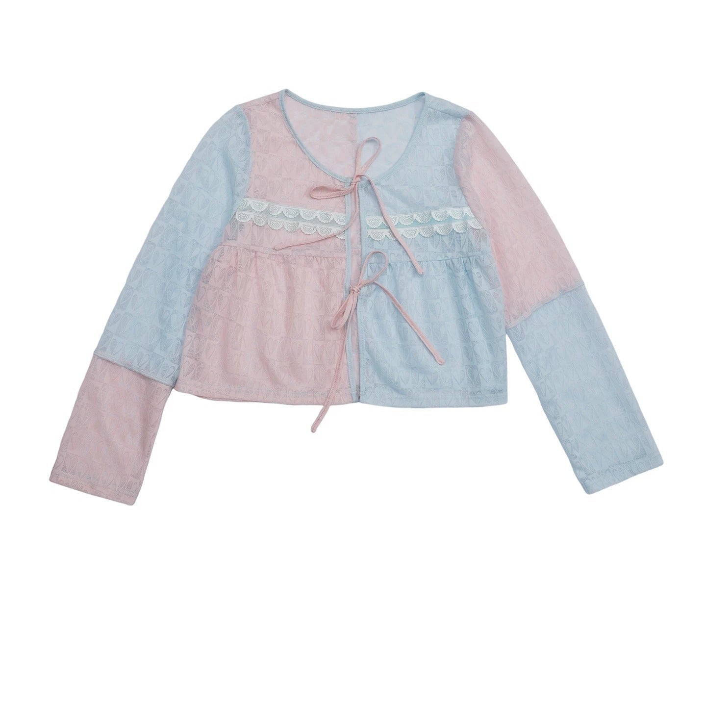 Pink Blue Patchwork Sheer Cardigan Top Set-Up