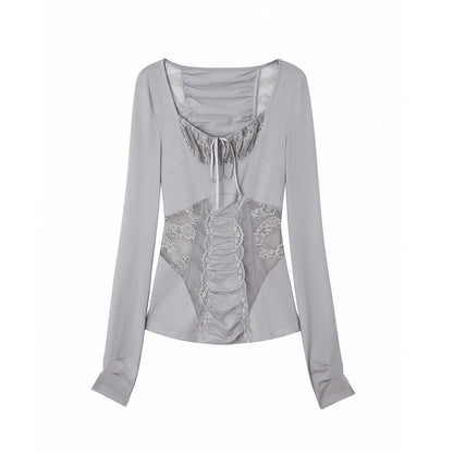 Shoulder Lace Girly Slim Long Sleeve T-Shirt