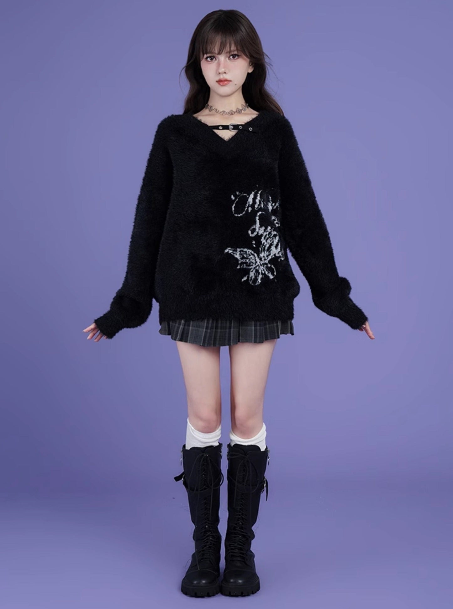 Black V-Neck Jacquard Mink Sweater