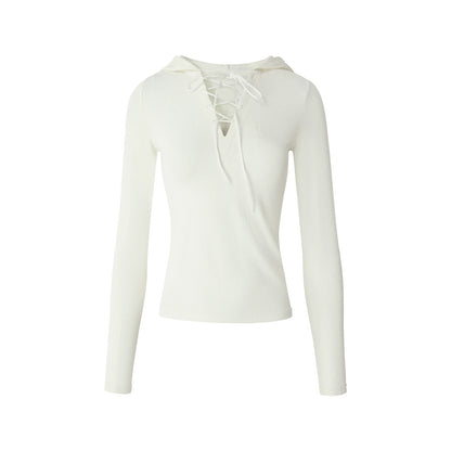 Embroidery Tie Hooded Top