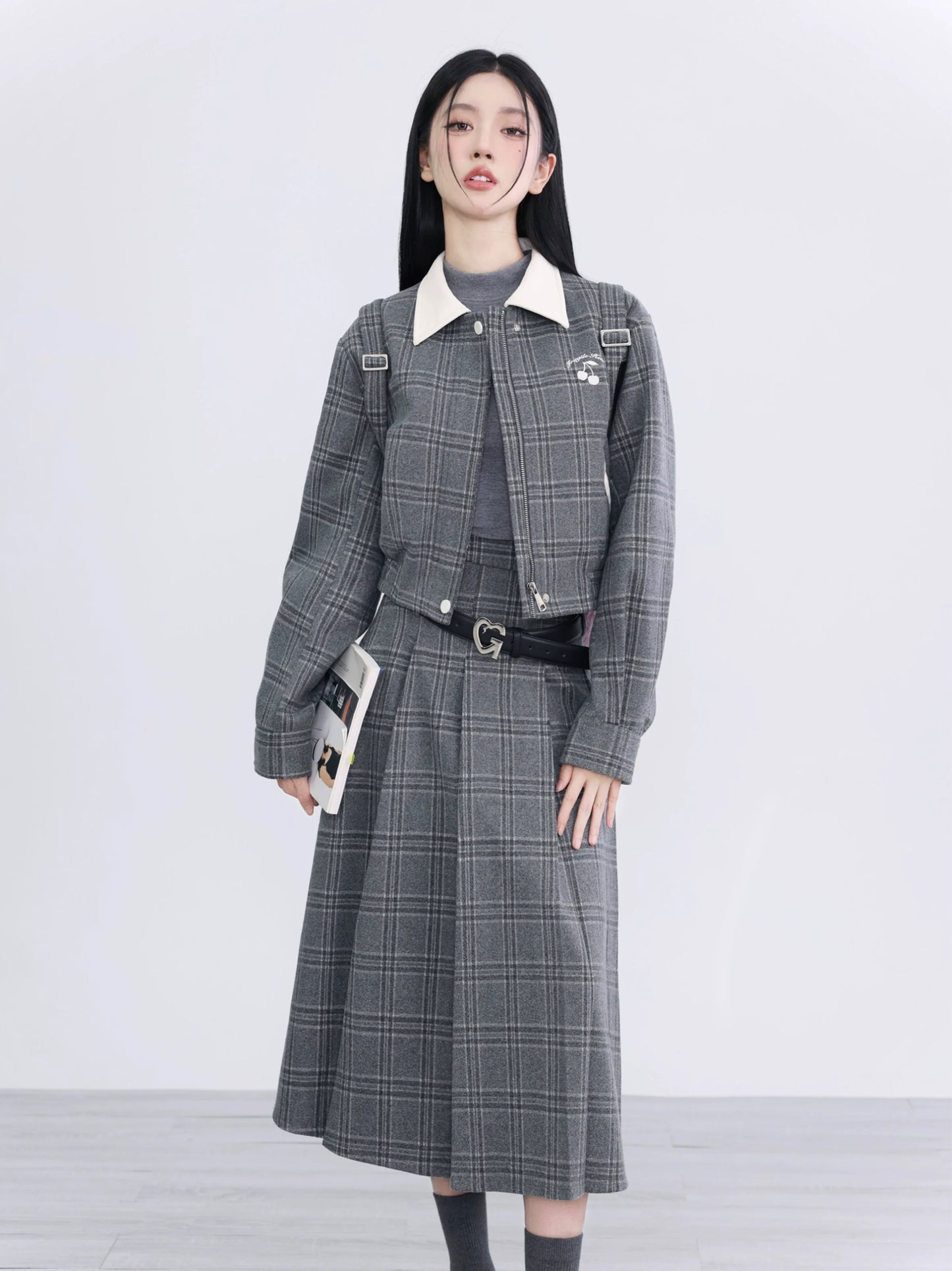 Two-piece Gray Plaid Cotton Jacket Skirt Set