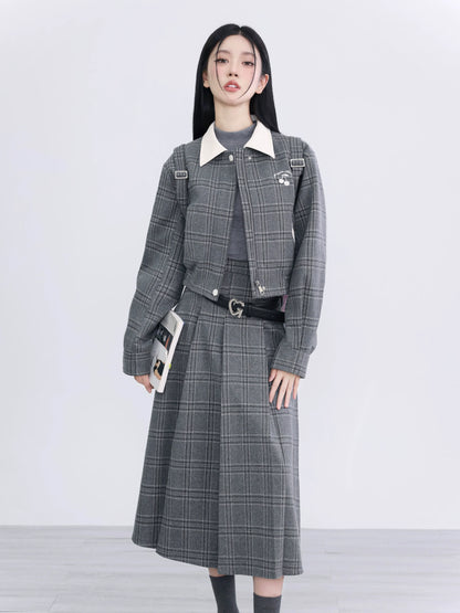 Two-piece Gray Plaid Cotton Jacket Skirt Set