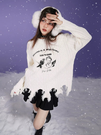 Angel Print Ripped Pullover Sweater