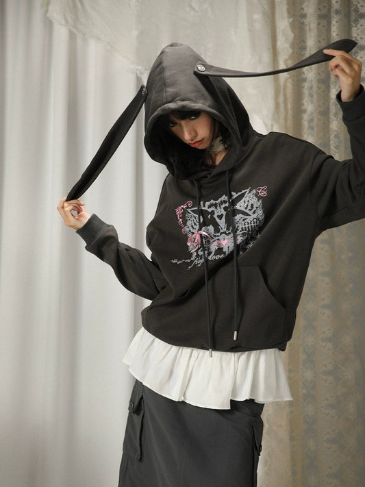 Rabbit Ears Hooded Printed Sweatshirt