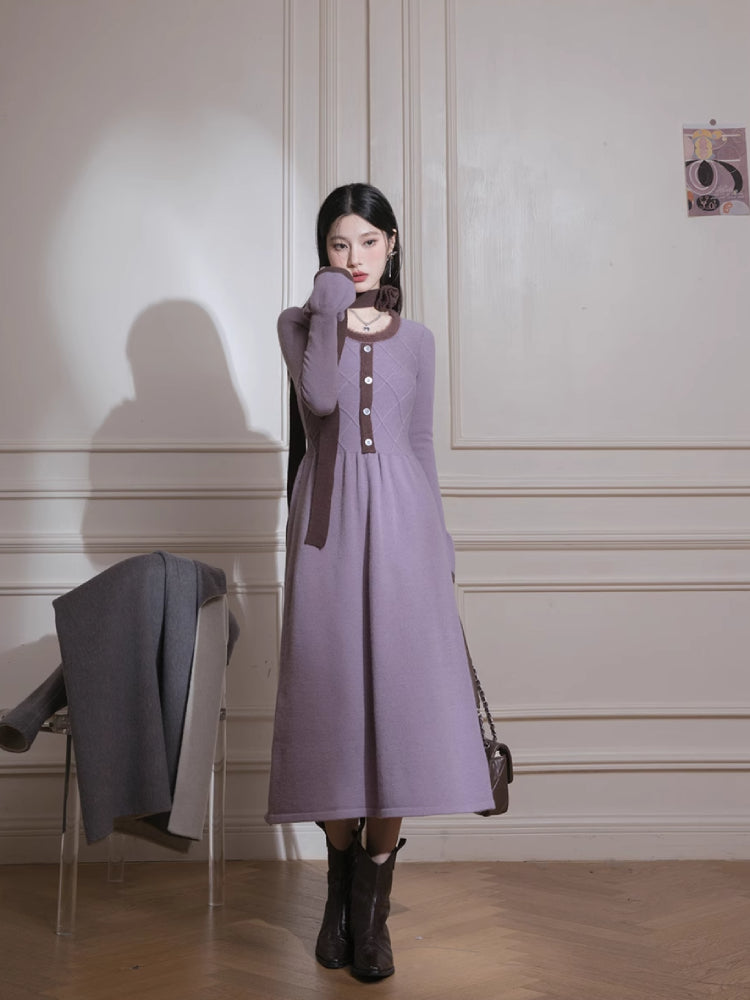 Brown U-Neck Diamond Wool Dress