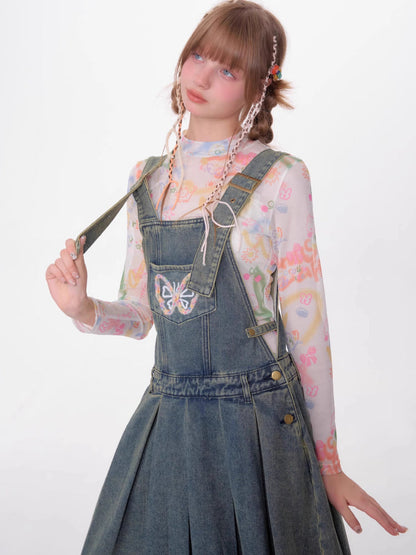 Denim suspender skirt