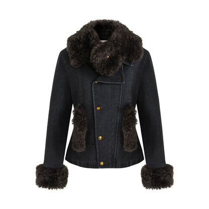 Patchwork Fur Collar Denim Jacket Set-Up