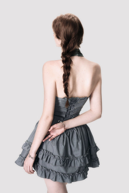 Halter Neck Lace-Up Ruffle Dress