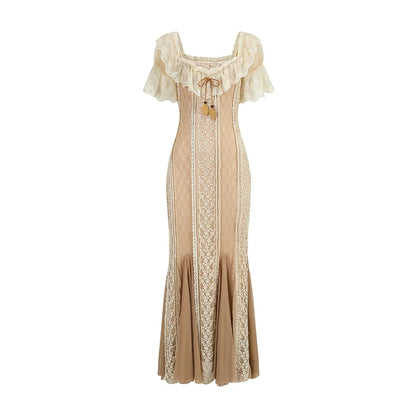French Countryside Lace One-Shoulder Dress