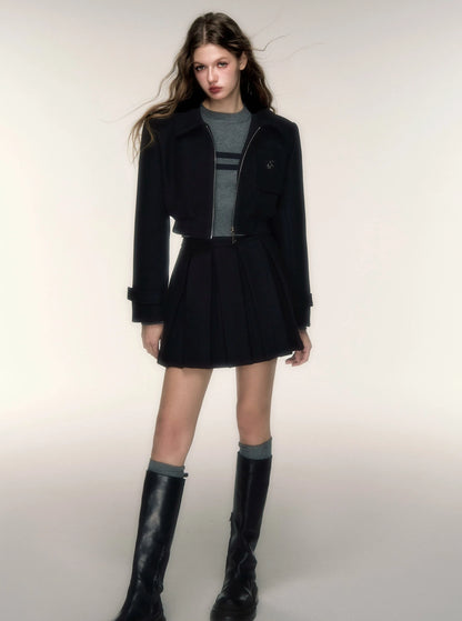 Woolen Short Jacket Pleated Skirt Set