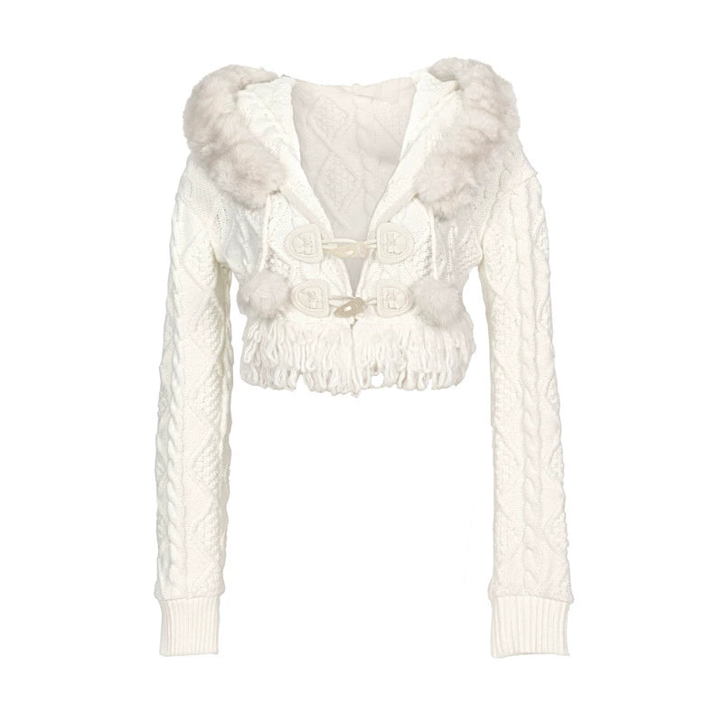 Slavic Knit Hooded Cardigan Hat Set-Up