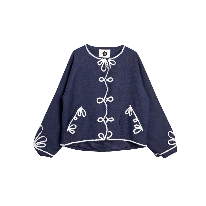 Vintage Embroidery Denim Cardigan Pants Set-Up