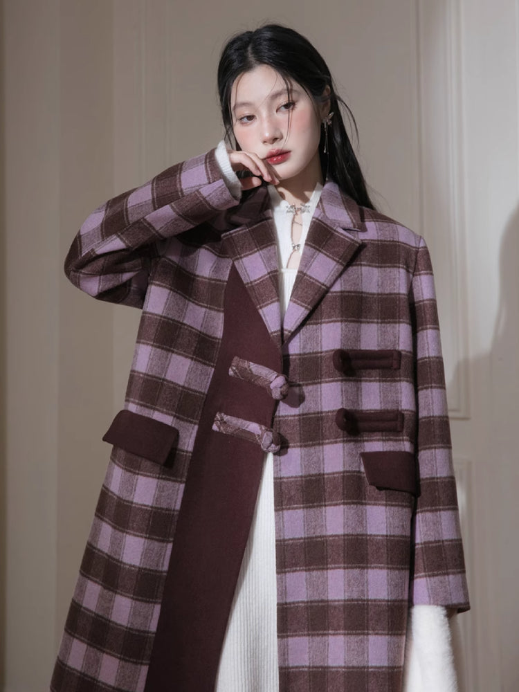 Rose plaid wool long jacket