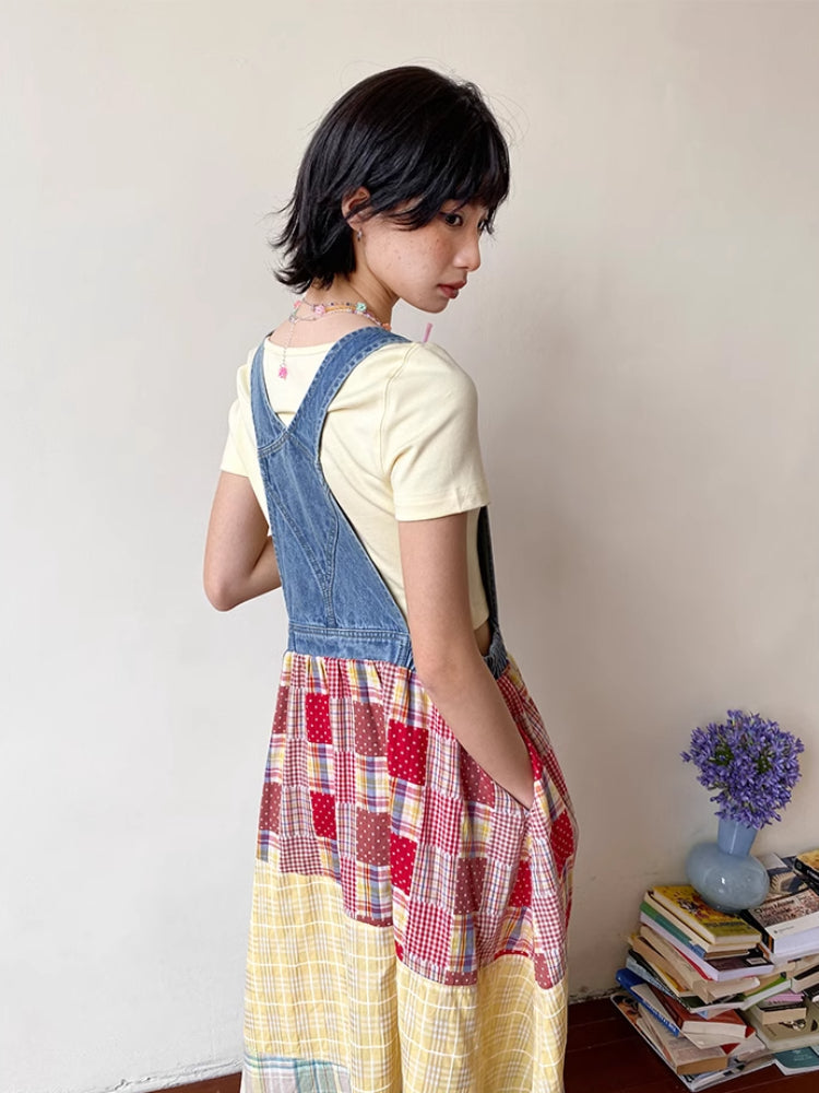 Denim patchwork suspender dress