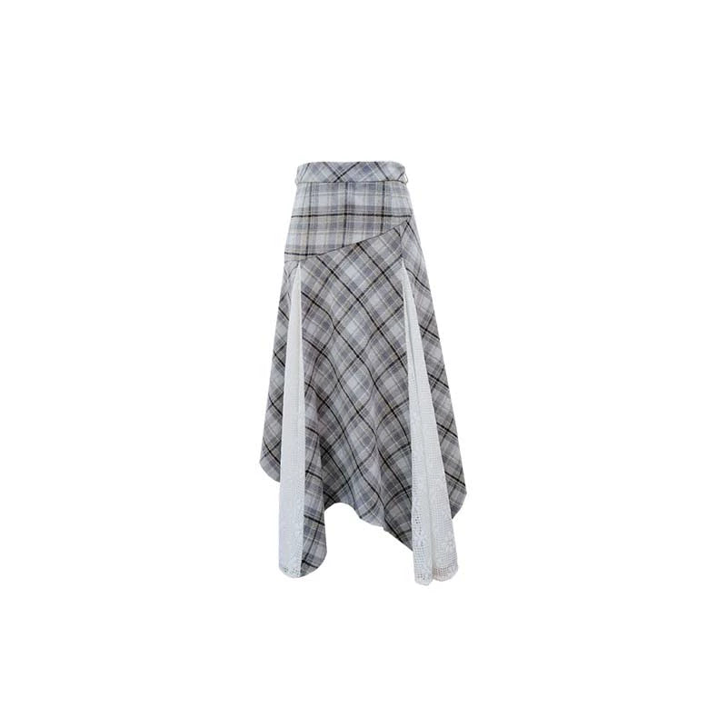 Gray-Brown Two-Tone Plaid Irregular Skirt
