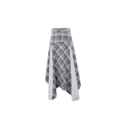 Gray-Brown Two-Tone Plaid Irregular Skirt