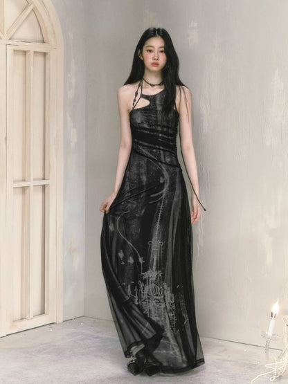 Mesh print suspender long dress