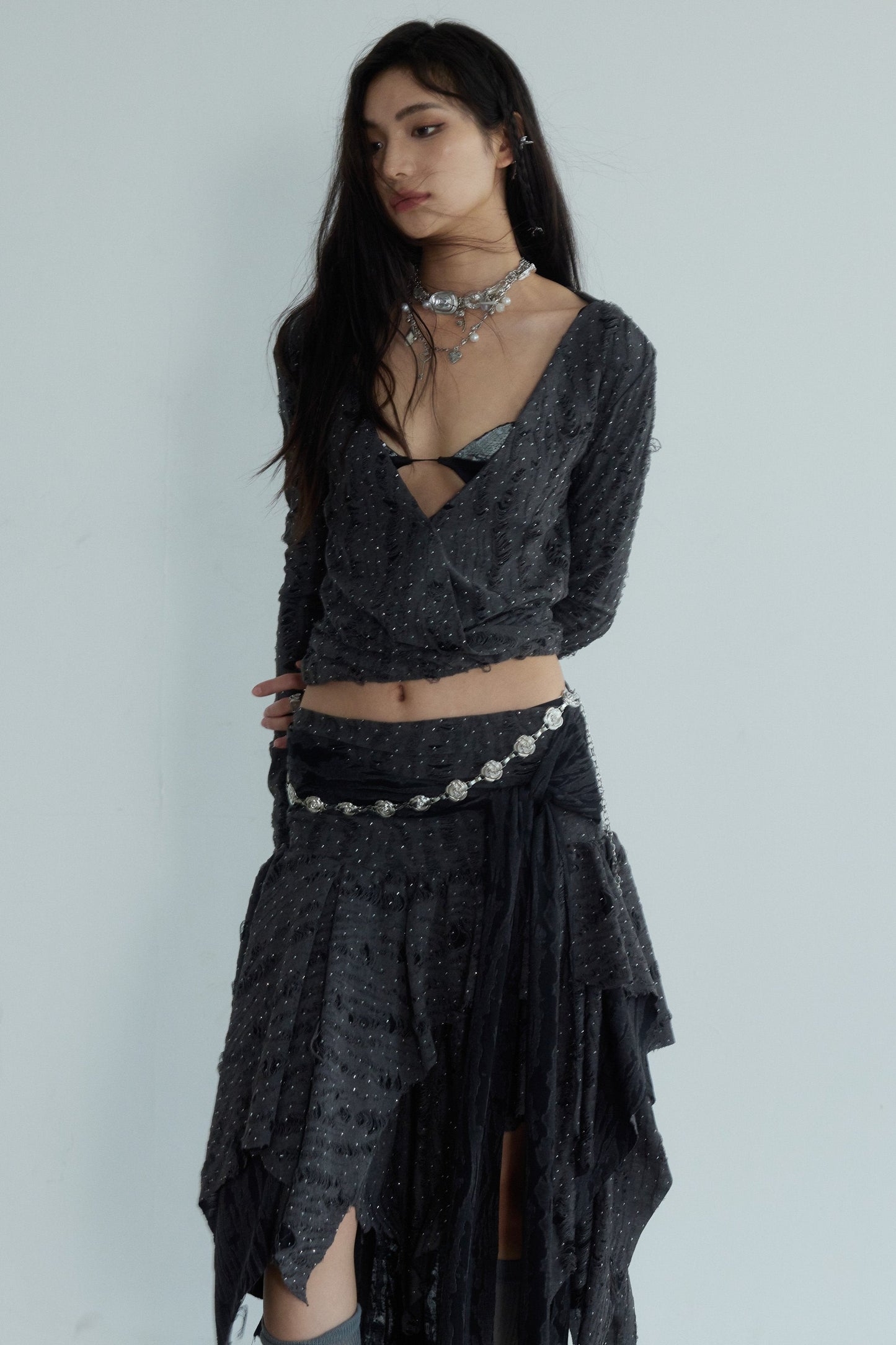 Dark Stray Distressed Knitted T Skirt Set