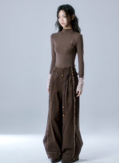 Vintage distressed raw-edged wide-leg pants