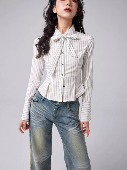 Retro striped slim short shirt