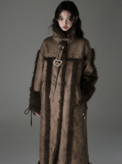 Long lamb fur integrated stitching jacket