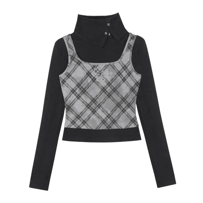 Retro Plaid Turtleneck Fake Two-Piece Top