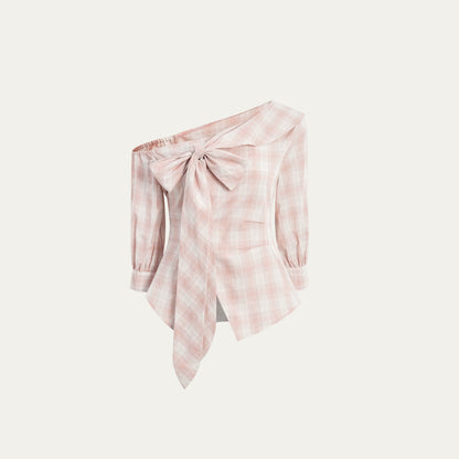 Kariertes One-Shoulder-Taillen-Shirt mit Schleife