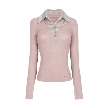 Fake Two-Patchwork Lapel Knit Top