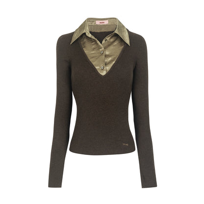 Fake Two-Patchwork Lapel Knit Top
