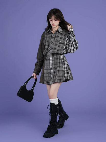 Sweet and patchwork plaid loose shirt dress