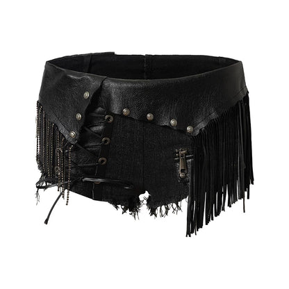 Punk Chain Leather Denim Shorts