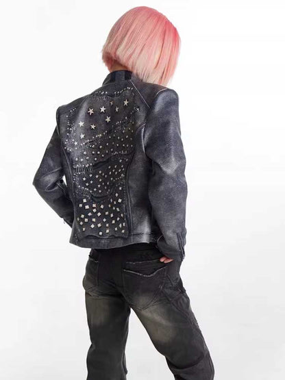 Retro distressed punk leather jacket