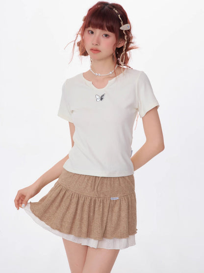 U-neck butterfly short sleeve T-shirt