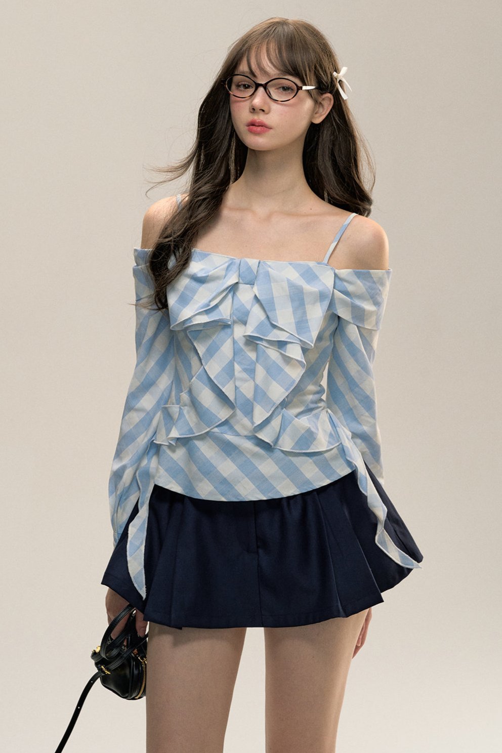 Blue Check Bow Straight Shoulder Top