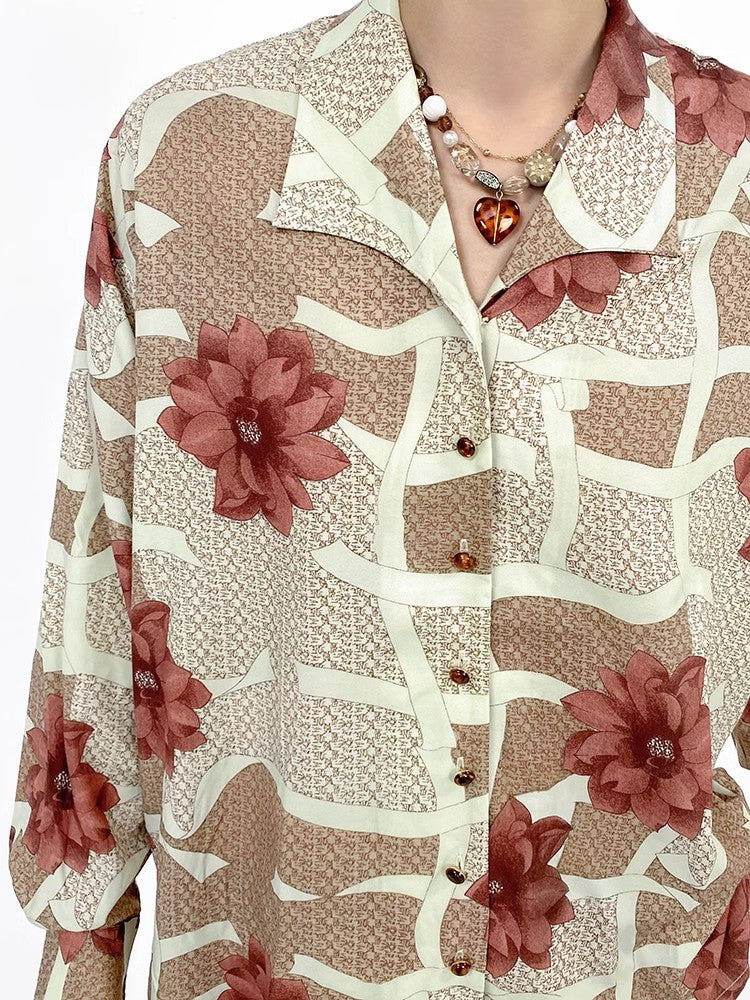 Retro print loose long sleeve shirt