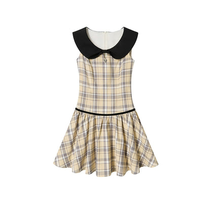 Plaid Contrasting Doll Neck Puffy Dress