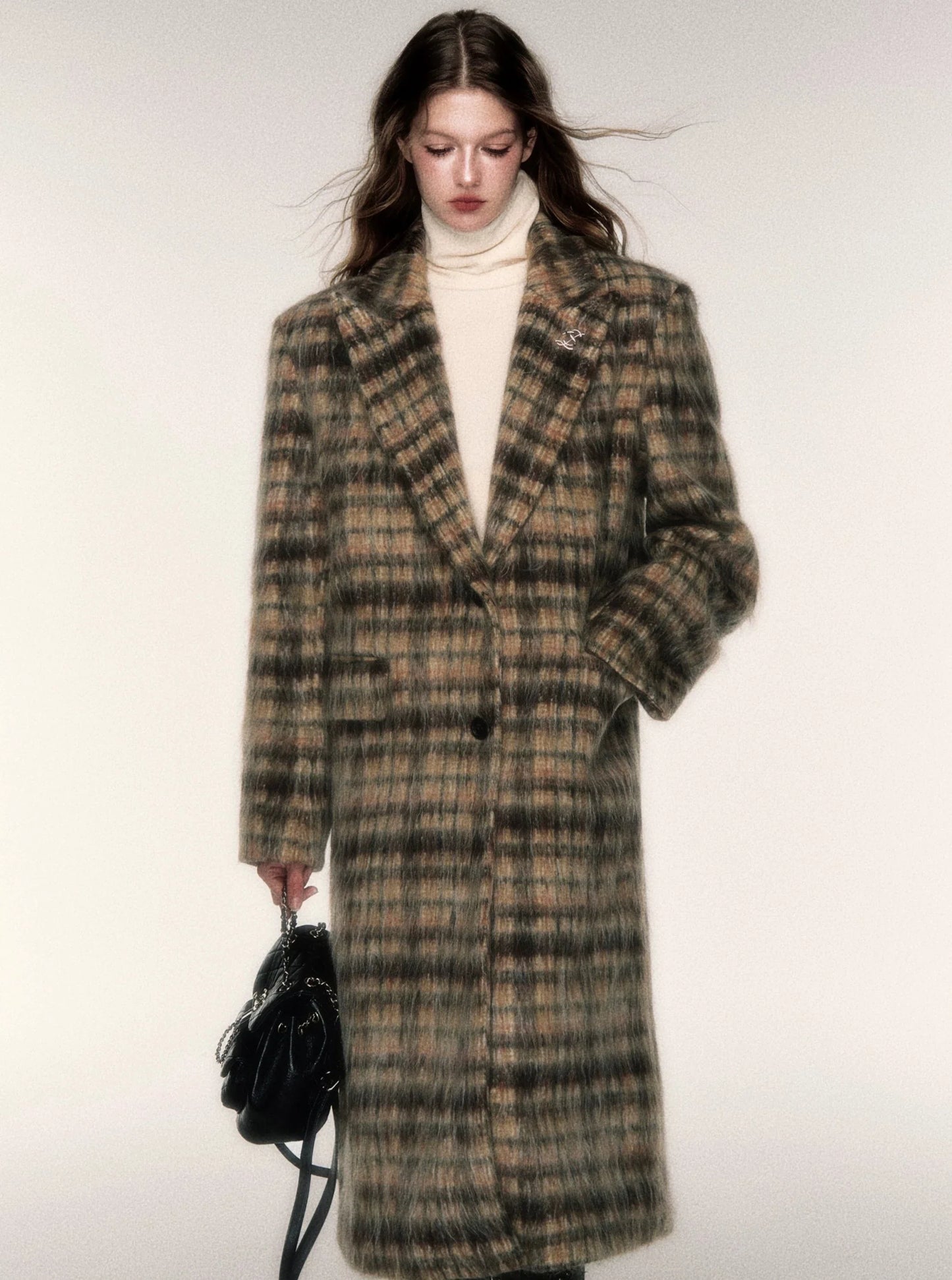 Vintage Long Check Wool Tweed Coat Jacket