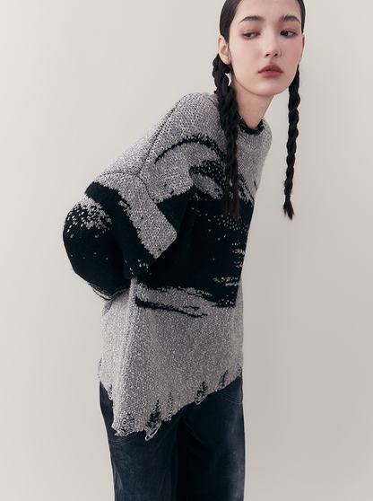 Vintage jacquard crewneck silhouette knitted sweater