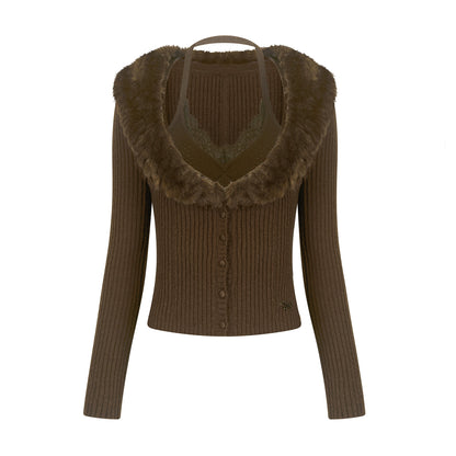Vintage Fur Collar Knit Cardigan Set