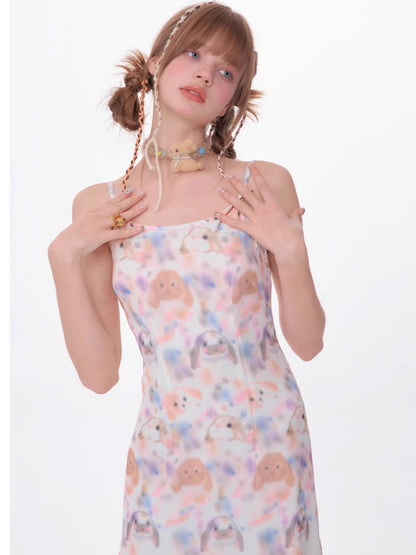 Printed sleeveless suspender dress