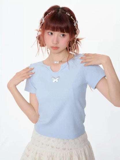 U-neck butterfly short sleeve T-shirt