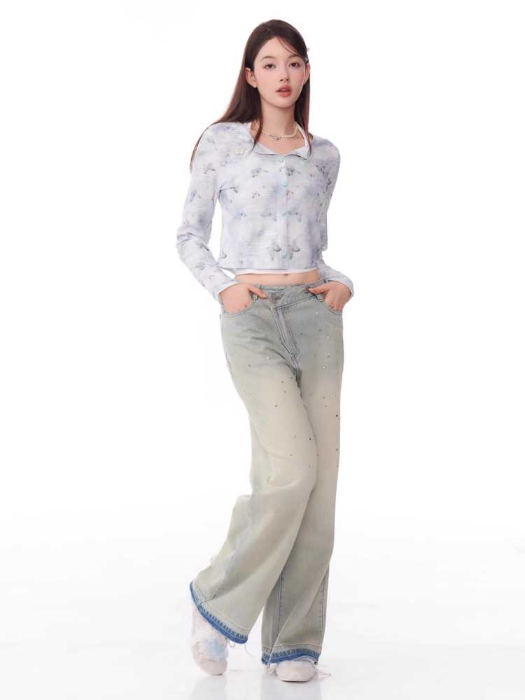 High waist slim straight wide leg jeans