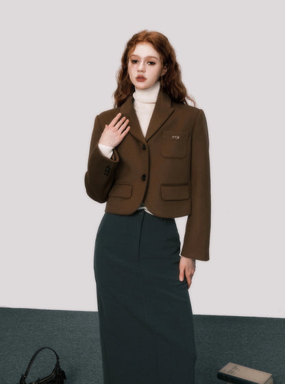 Maillard vintage brown cropped wool blazer coat