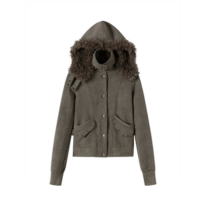 Aged Vintage Detachable Fur Hooded Coat